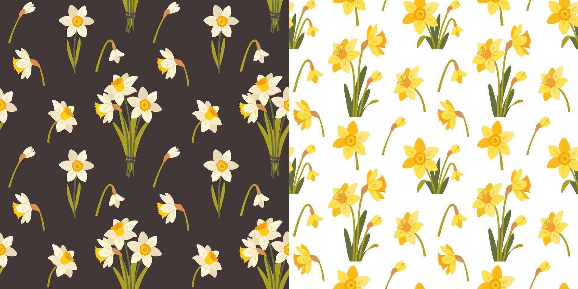 Seamless pattern with daffodils on white and dark background. Spring flower narcissus. Pattern set. fabric swatch vector