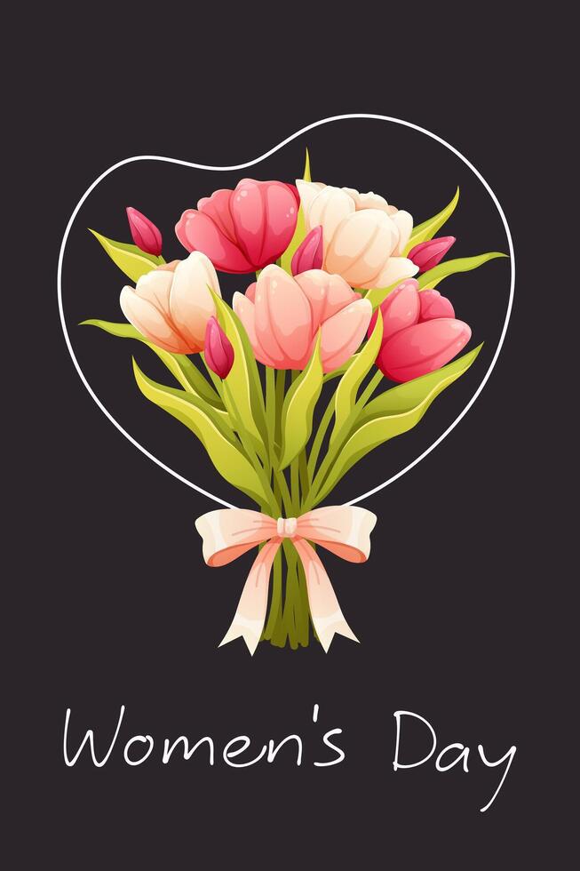 Poster with bouquet of pink tulips on black background. Greeting card for Women's Day. template vector