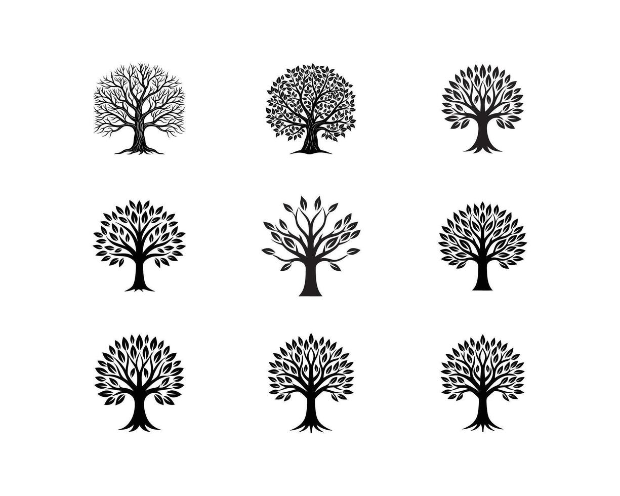 Black and white tree silhouette set vector