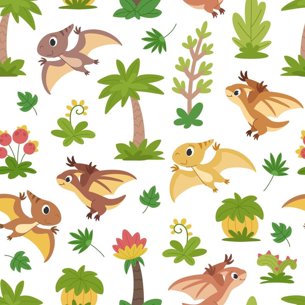 Cartoon children's dinosaurs pattern. Flying dinosaurs pterodactyls and pteranodons on the background of prehistoric plants. vector