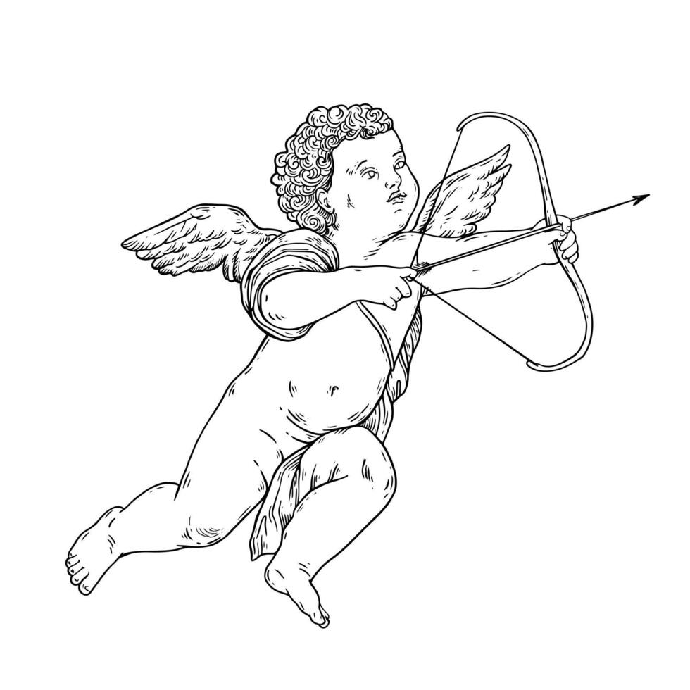 Line art realistic cupid with bow and arrow. Cute Valentines Day decoration, symbol. Angel baby. vector