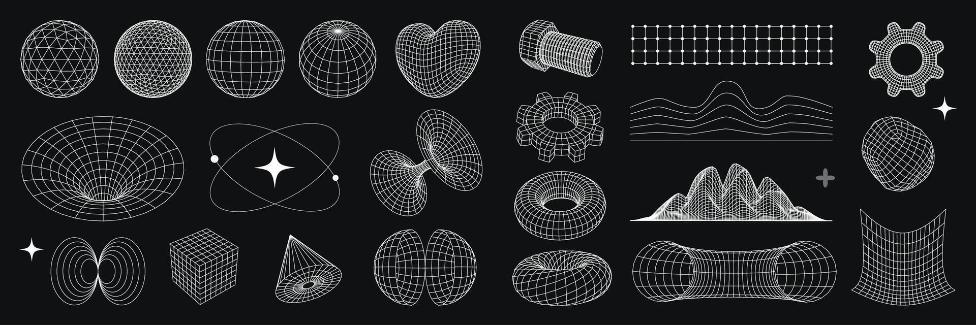 Futuristic 3D wireframe geometric shapes cyberpunk and psychedelic, sci-fi, Y2K icons set. design elements on dark background. vector