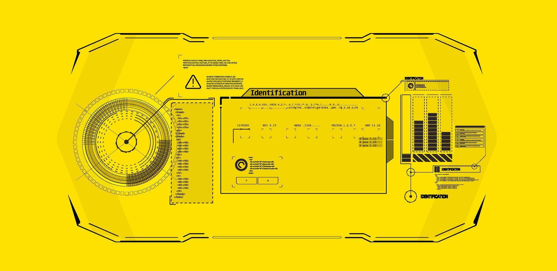 Digital interface displaying identification data and analytics for a technological system in a modern control center. vector