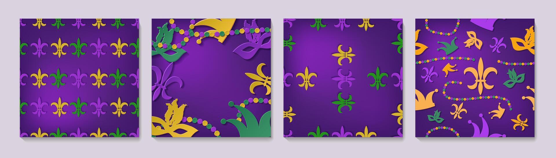 Set of elegant frames with carnival masks, fleur de lis. vector