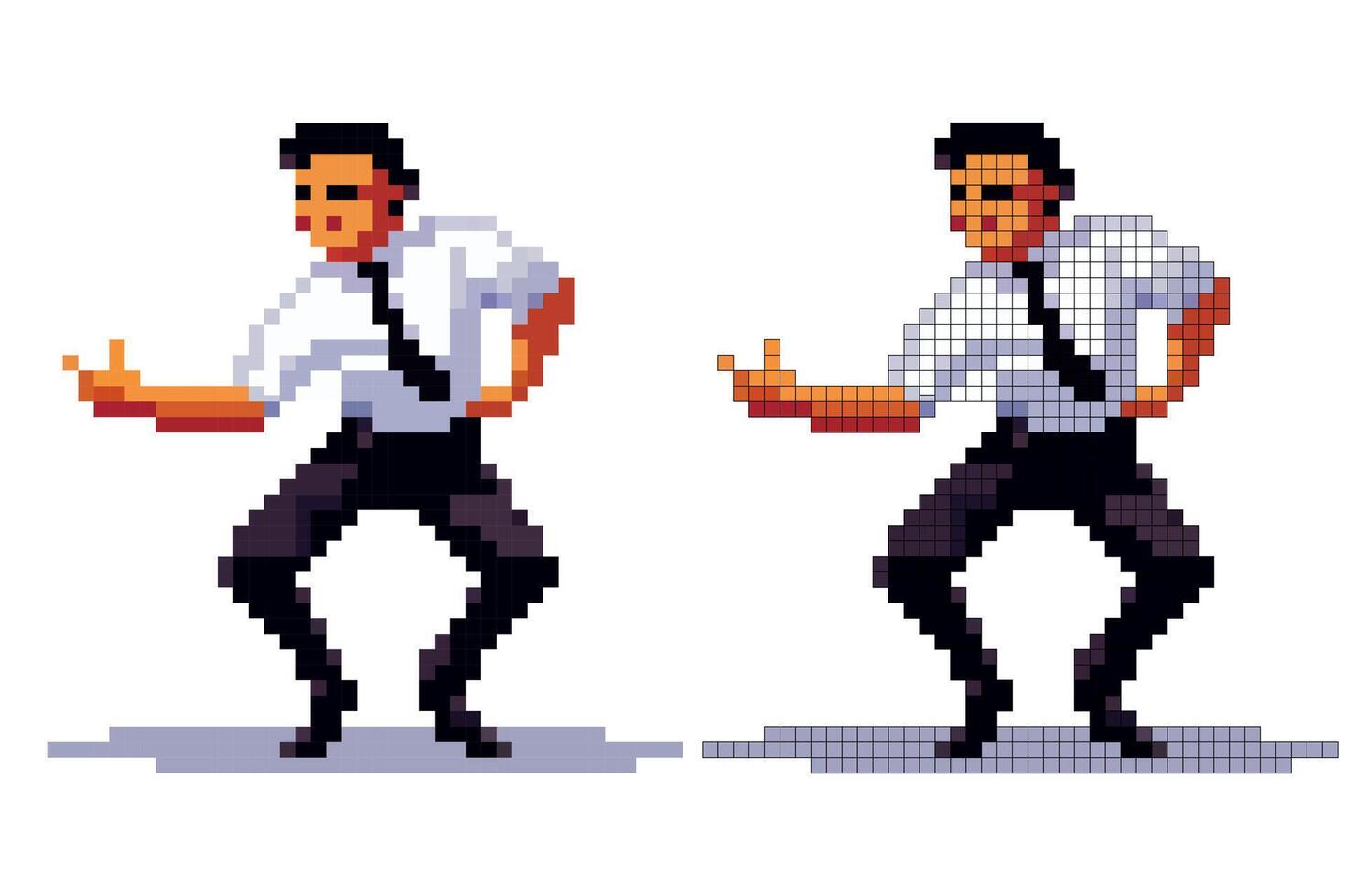 A man showcases a lively dance in retro pixel art style, donning a white shirt and black tie. His energetic posture and facial expression convey fun and enthusiasm vector