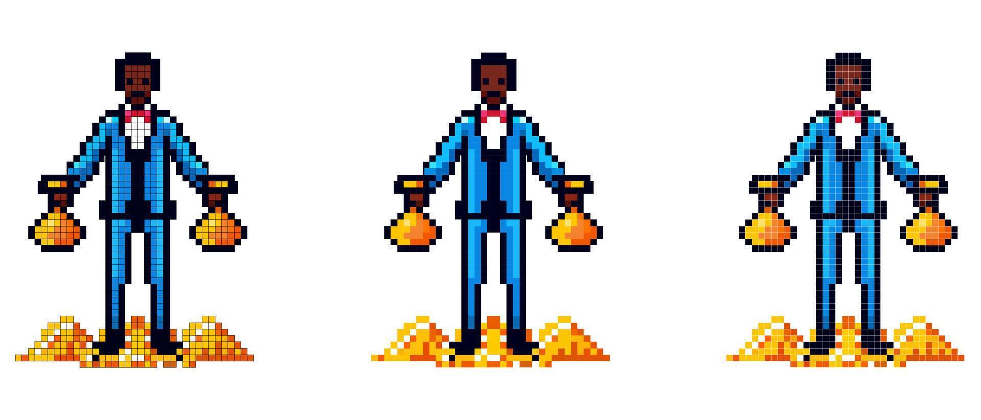Three pixel pixel art of a man in a suit holding a bag vector
