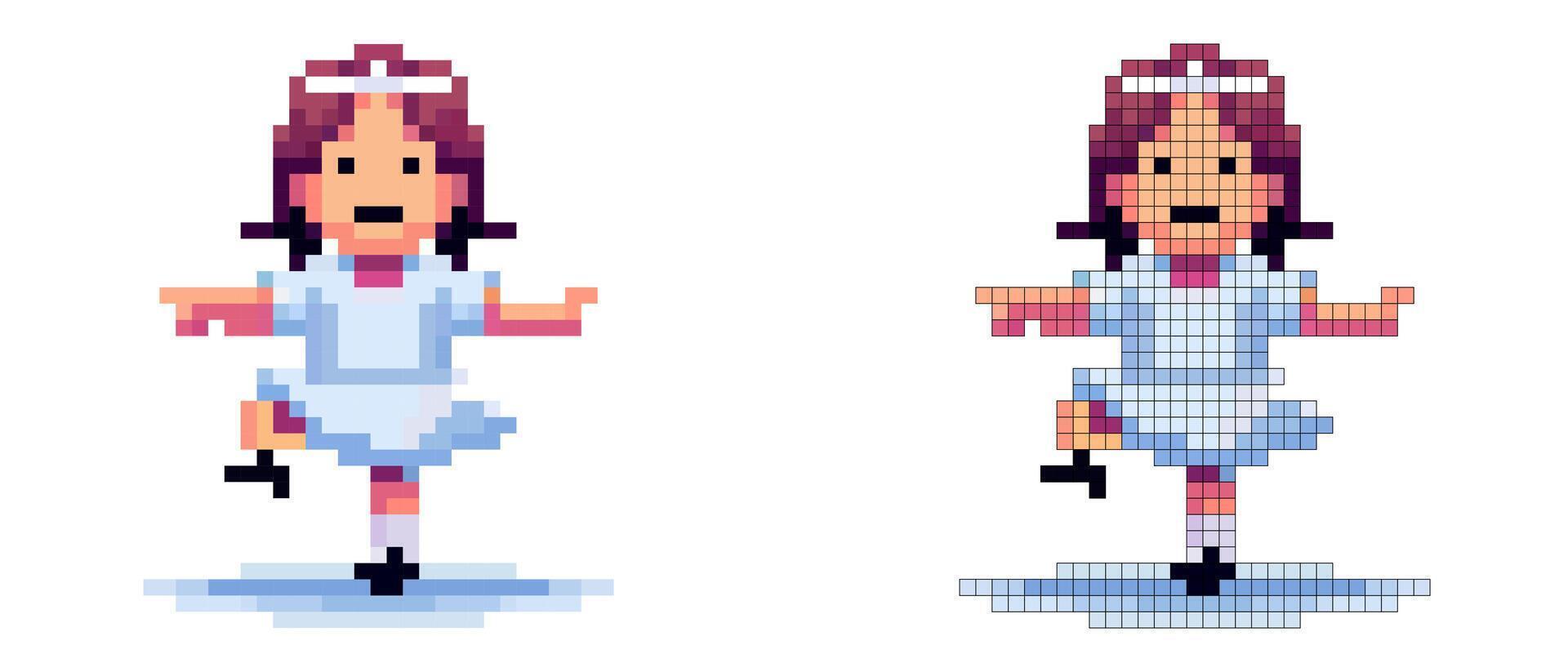 A young girl joyfully dances on one foot, wearing a charming blue dress and a white hair ribbon. The pixel art style captures a playful and vibrant atmosphere vector