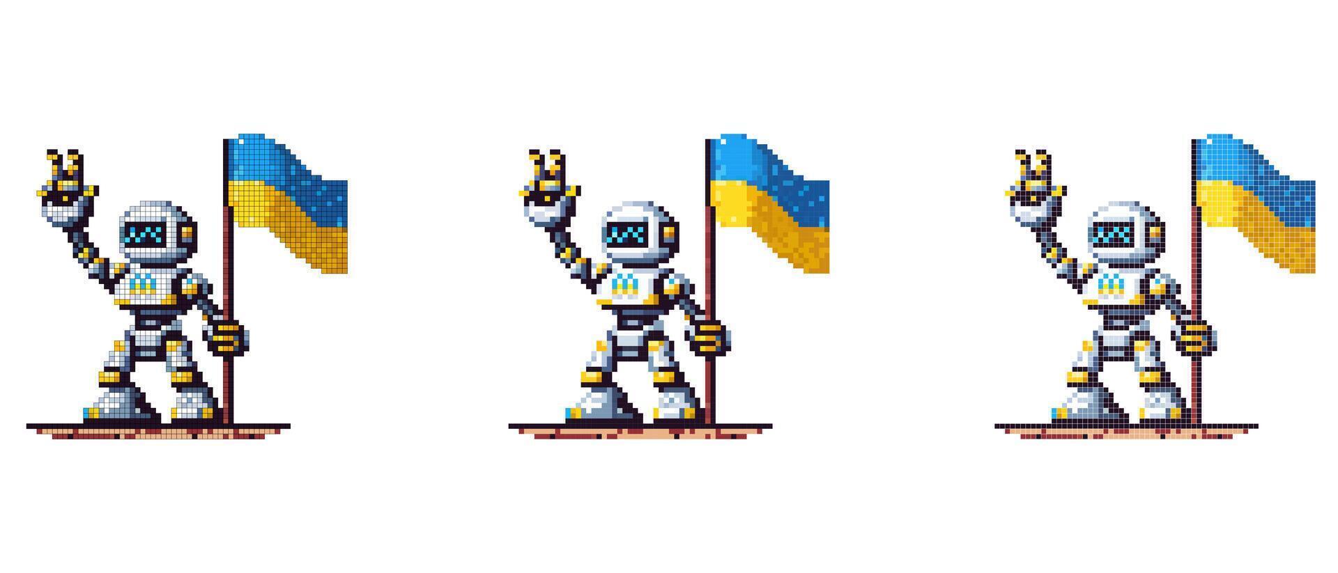 Pixel art robot with yellow and blue accents holding the Ukrainian flag and making a peace sign vector