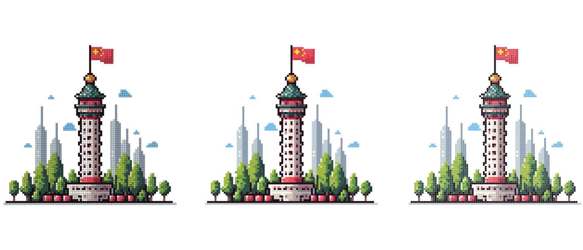 Four different chinese buildings with flags vector