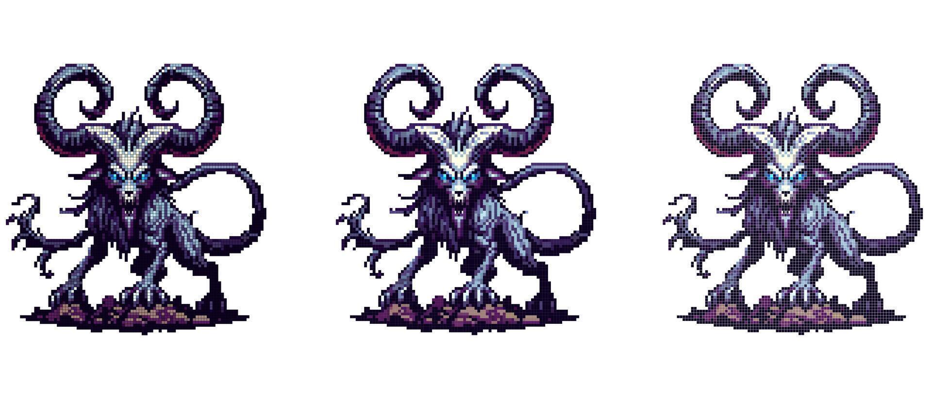 Pixel art creature with large curved horns glowing blue eyes and a snarling mouth with sharp teeth standing on a rocky surface vector