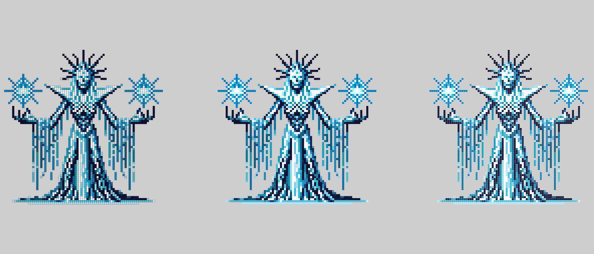Pixel art depiction of the leader of the White Walkers, adorned in a flowing robe and crowned with icy spikes, holding glowing star-like objects vector