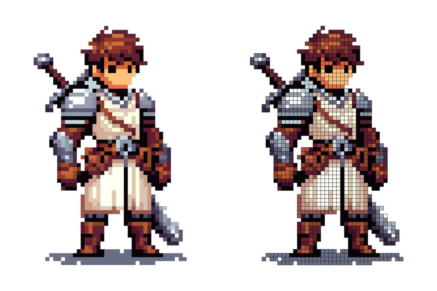 A pixel art warrior stands confidently, wearing medieval armor and holding a sword. The character is designed in vibrant colors, suggesting bravery and readiness for battle in a fantasy realm vector