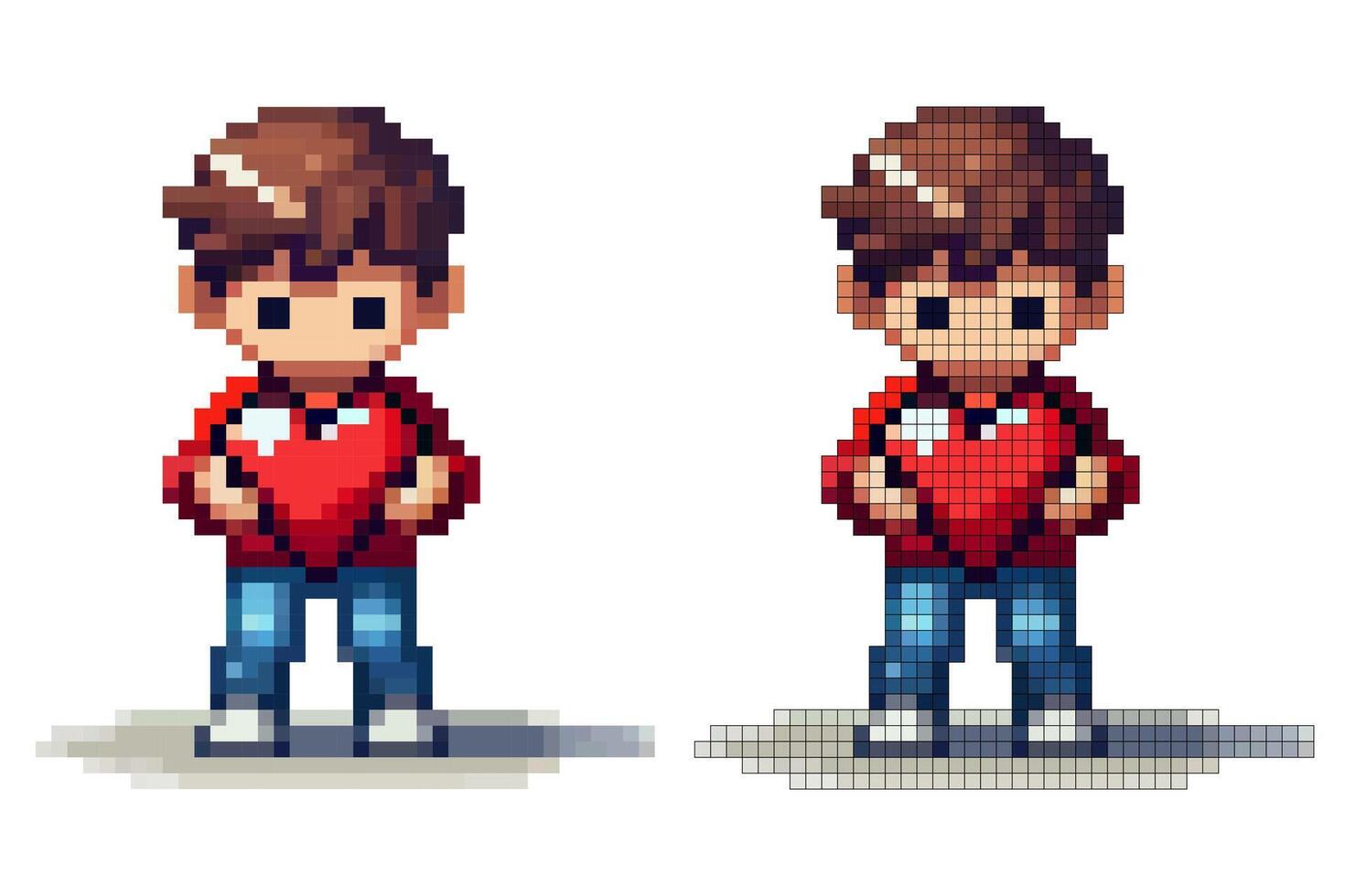 A young pixel art character stands center, cradling a large red heart close to their chest. The character has a cheerful expression, wearing a vibrant red shirt and blue jeans vector
