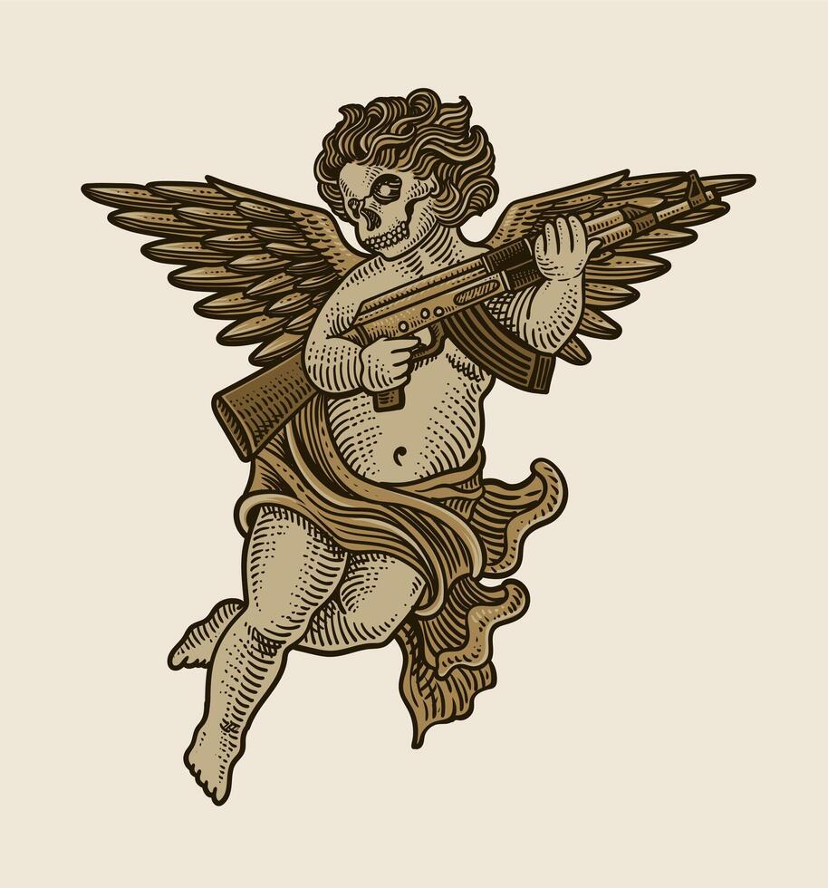 illustration of a cupid angel with wings holding a rifle, blending classical art with modern rebellious themes, detailed engraving style. vector