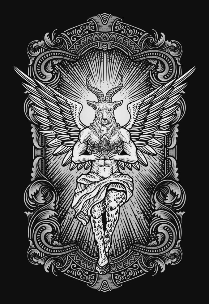 The baphomet holding crown on engraving ornament frame vector