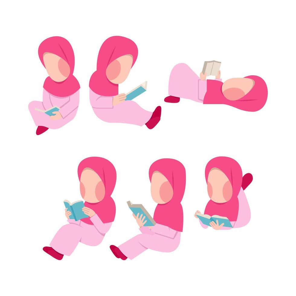 Set Of Muslim Girl Reading Book vector