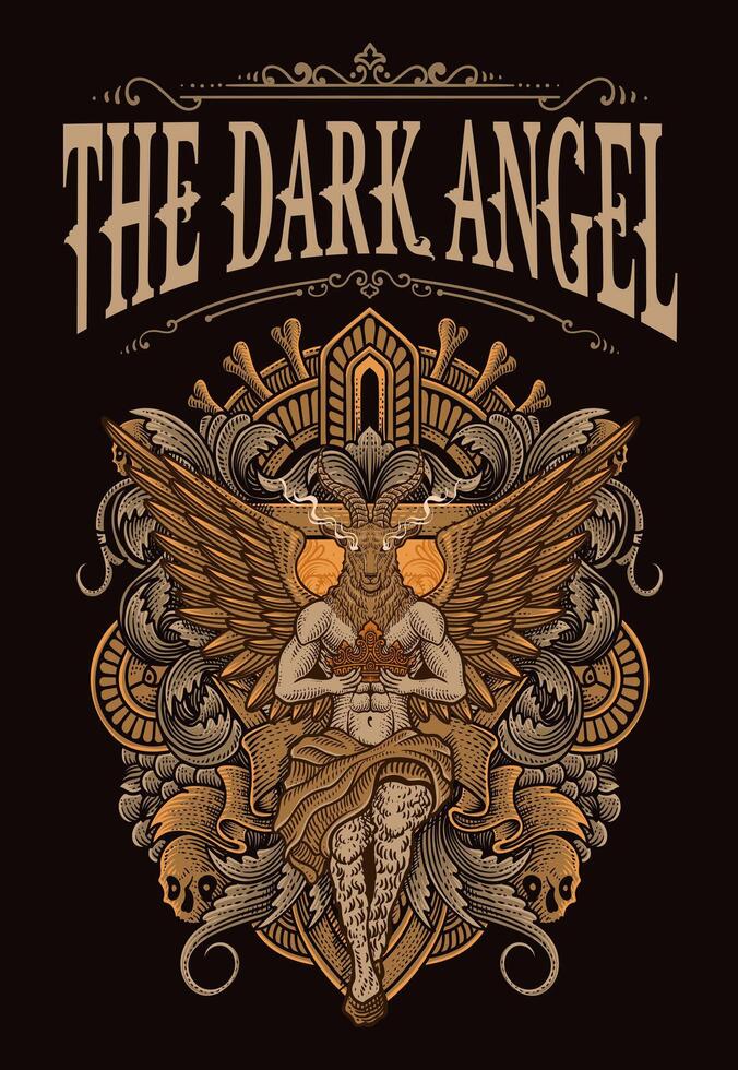 The baphomet holding crown on engraving ornament frame. vector
