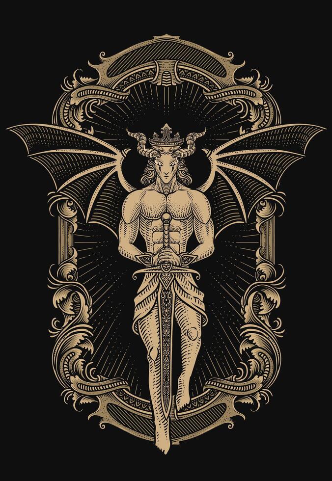 Illustration demon knight holding sword with engraving ornament border vector