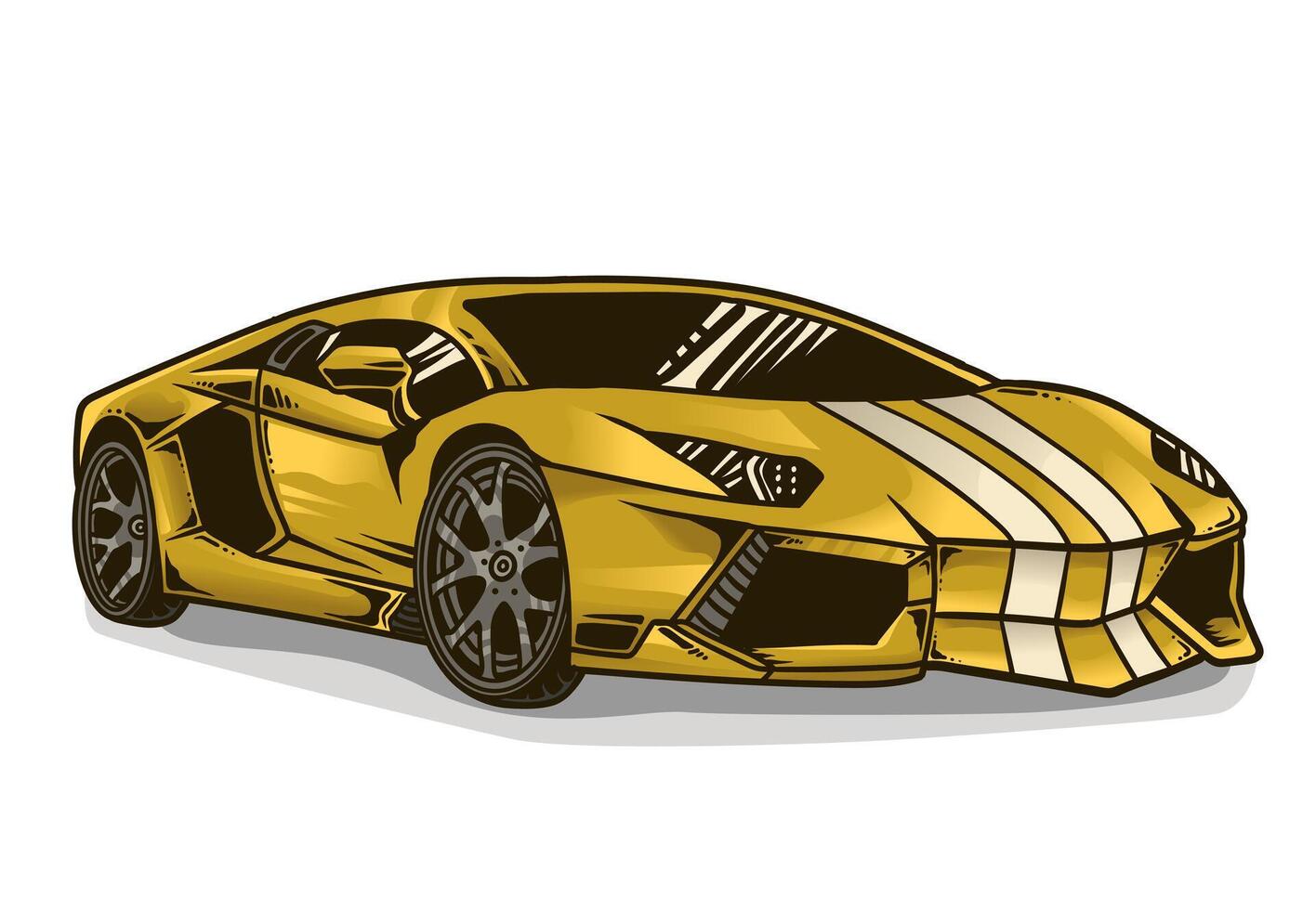 A yellow supercar with white stripes is shown in a cartoon style vector