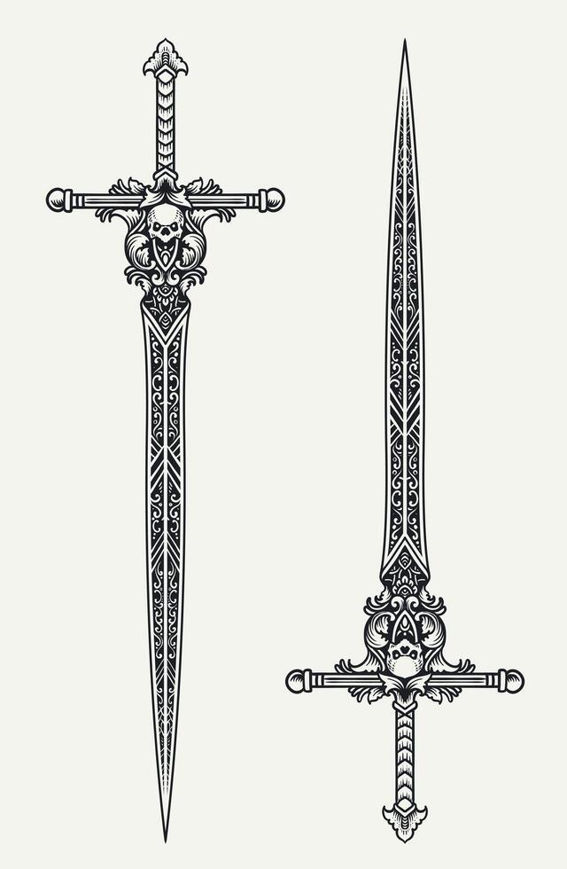 Ornate Medieval Sword with Intricate Details on white background vector