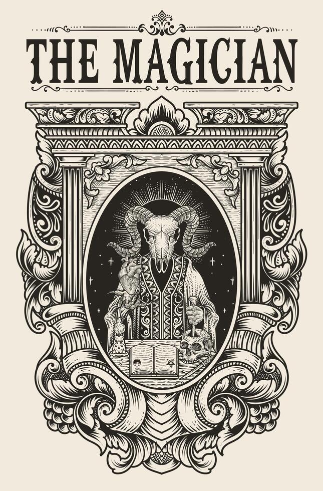 Illustration demon goat skull with engraving ornament frame hand drawn style. vector