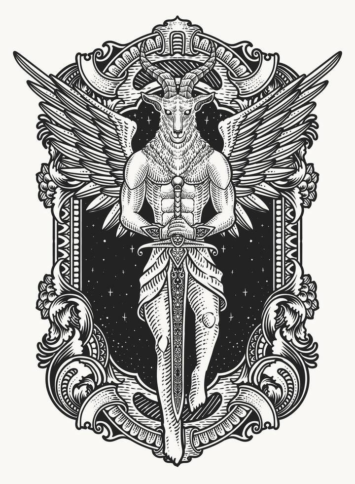 The baphomet holding sword with engraving ornament border - vector