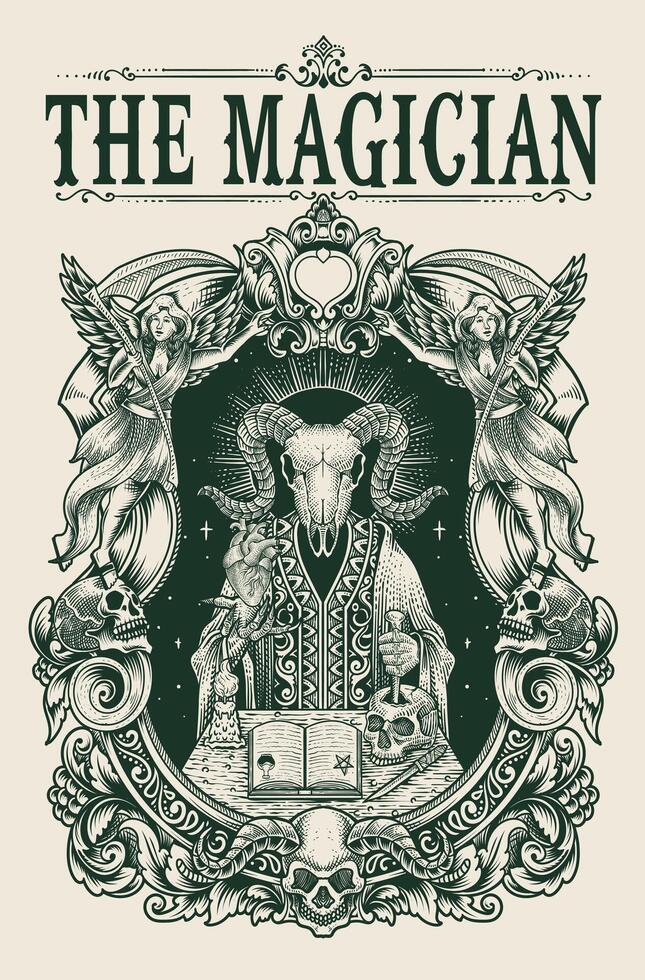 Illustration demon goat skull with engraving ornament frame hand drawn style vector