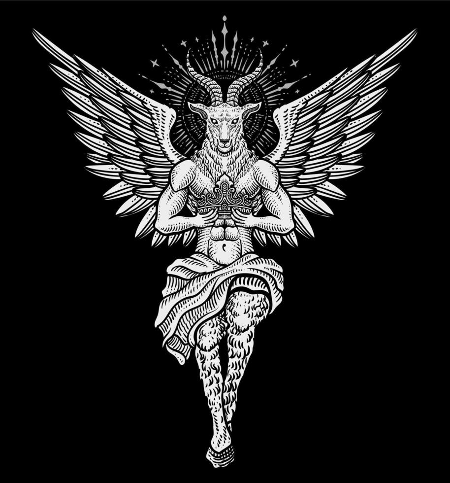 The baphomet holding crown on black background vector