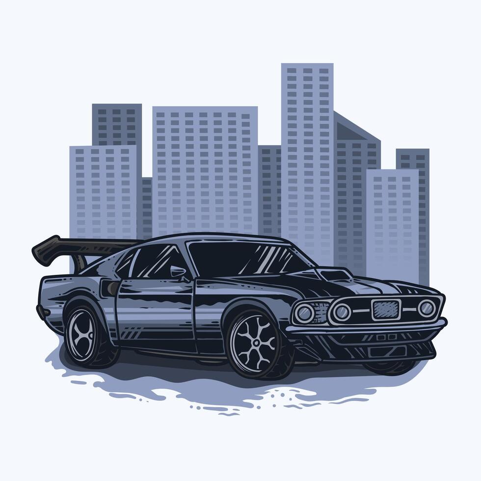 A black car is parked in front of a city skyline vector
