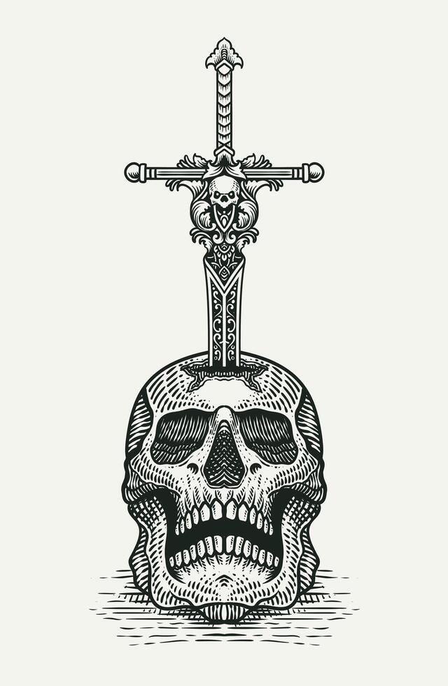Illustration of a sword piercing through a skull, showcasing detailed gothic ornamentation and dark symbolism in a black and white style vector