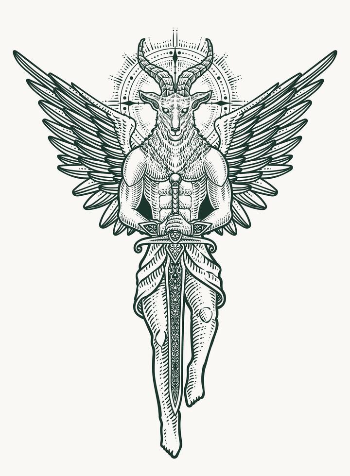 The baphomet holding sword on white background - vector