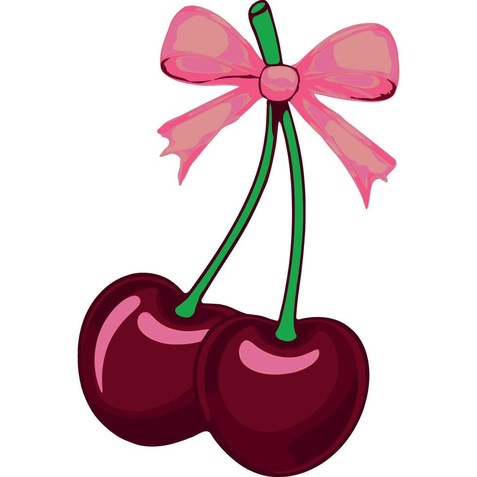 Two cherries in deep cherry red, connected by a green stem, and adorned with a soft pink decorative bow vector