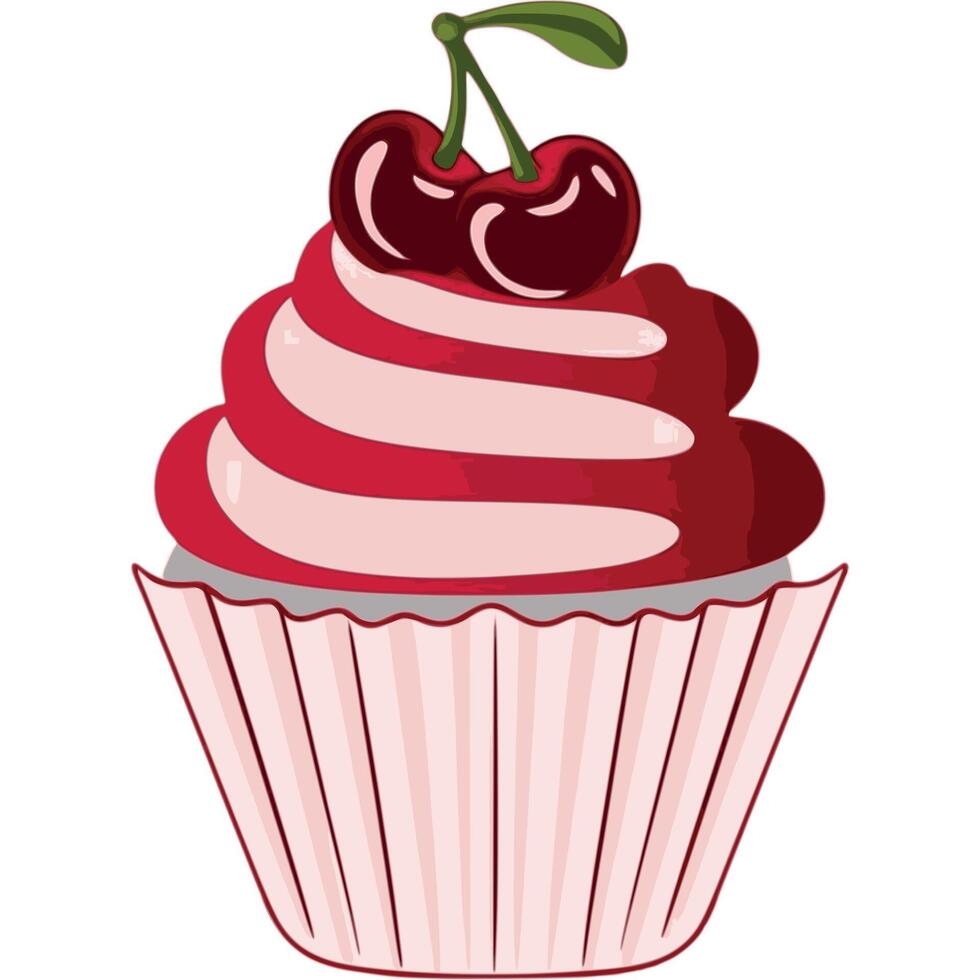 A Cherry Cupcake Topped With Glossy Cherry Berries vector