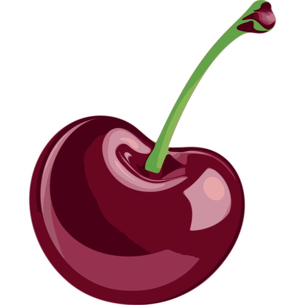 A single glossy cherry berry in deep cherry red with a green stem, with soft shading highlights vector