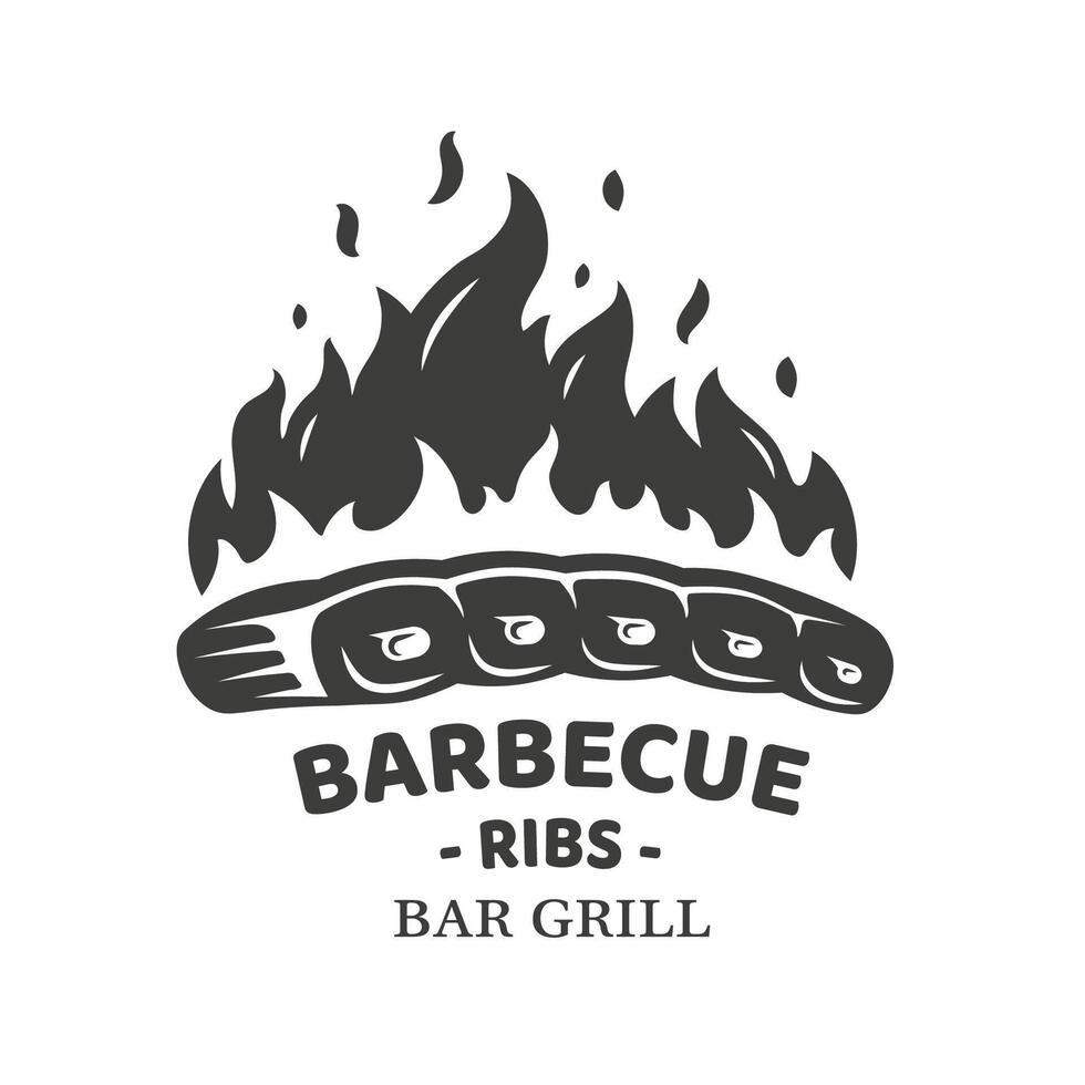 Barbecue logo with ribs and fire isolated on white background vector