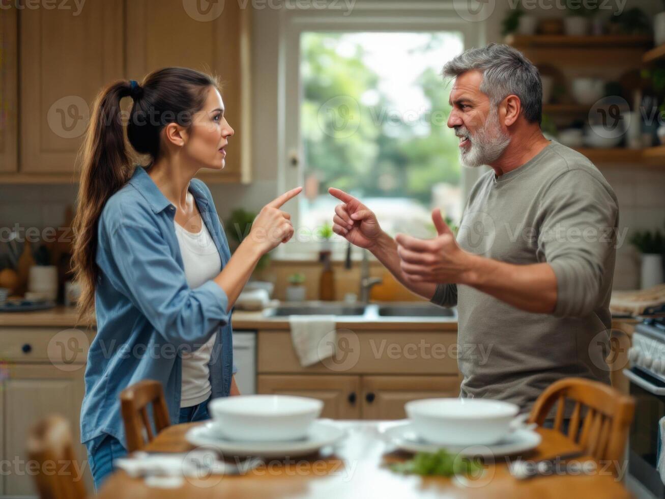 Adult couple arguing shouting blaming each other of problem photo