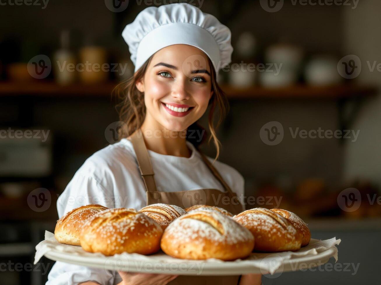 Beautiful woman bakery with fresh bread in a bakery photo