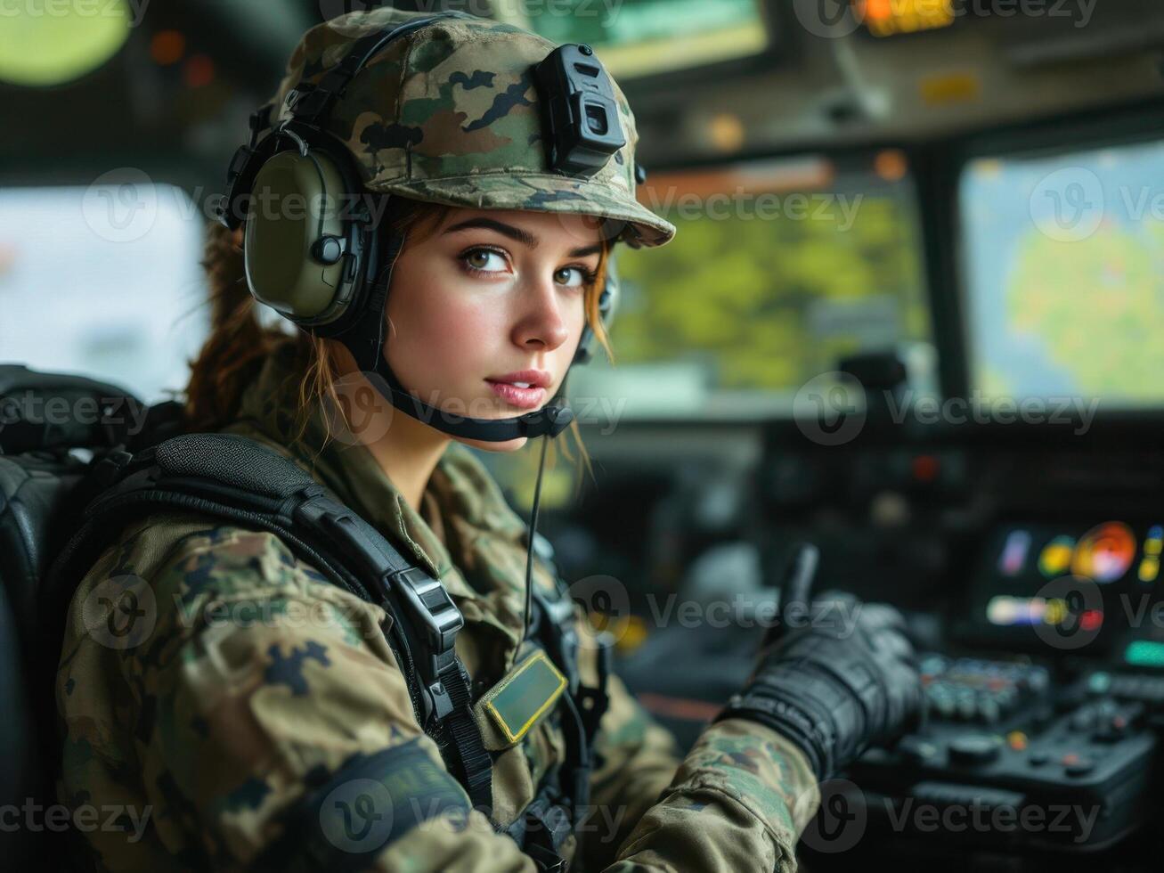 A beautiful woman in a military uniform near the control panel. Consumption technologies on the battlefield photo