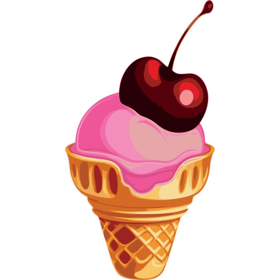 A cherry-flavored scoop of ice cream in soft pink, served in a waffle cone with a deep cherry red cherry on top vector