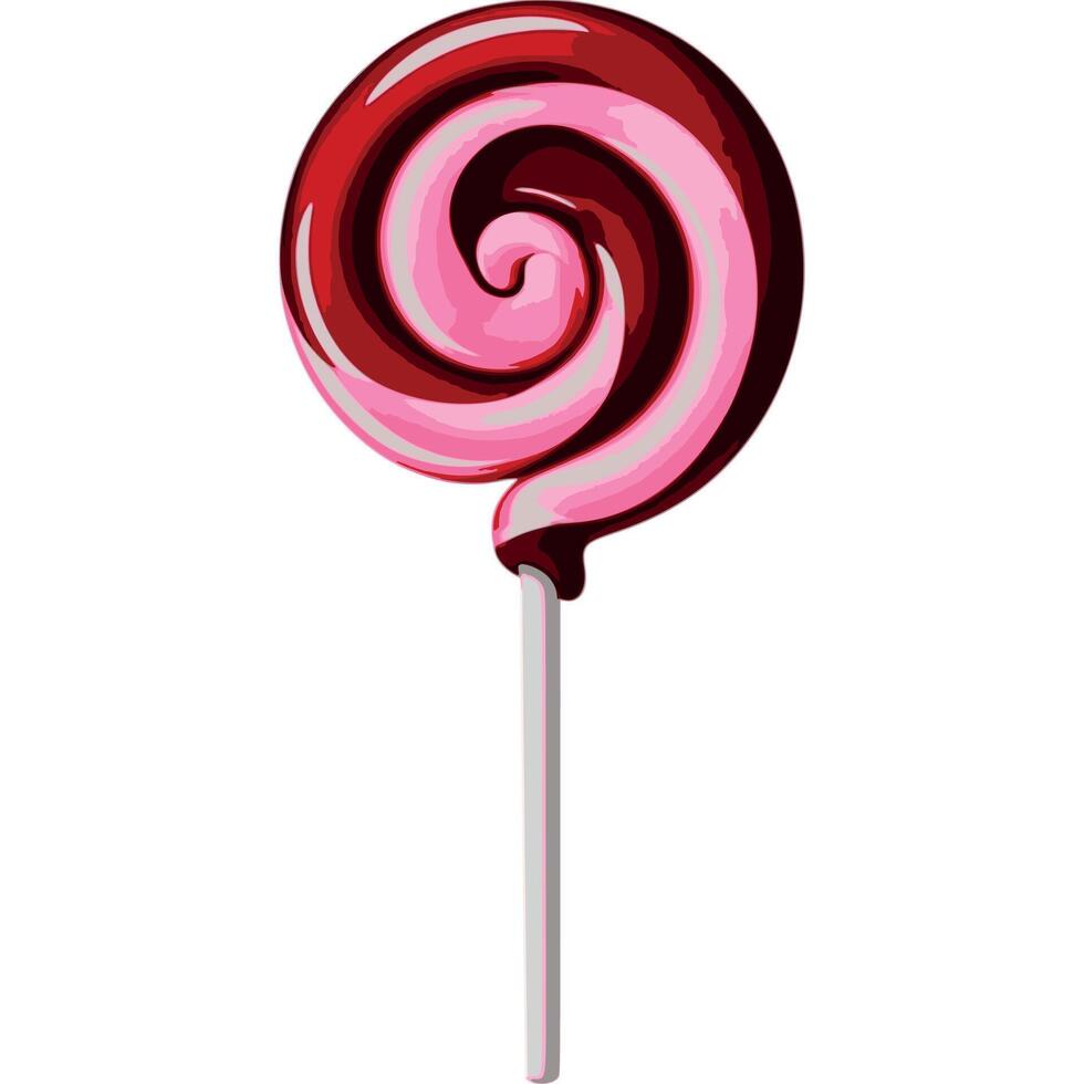 A glossy lollipop swirled with deep cherry red and soft pink, with a white stick vector