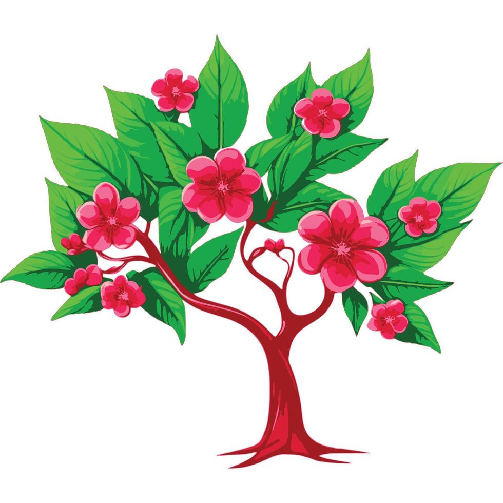 A tree covered with soft pink blossoms and green leaves vector