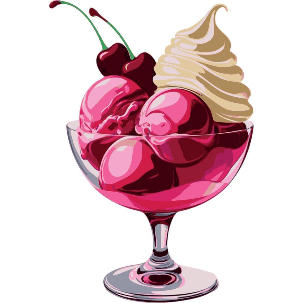 A sundae glass filled with scoops of pink ice cream, deep cherry red cherries, and whipped cream vector