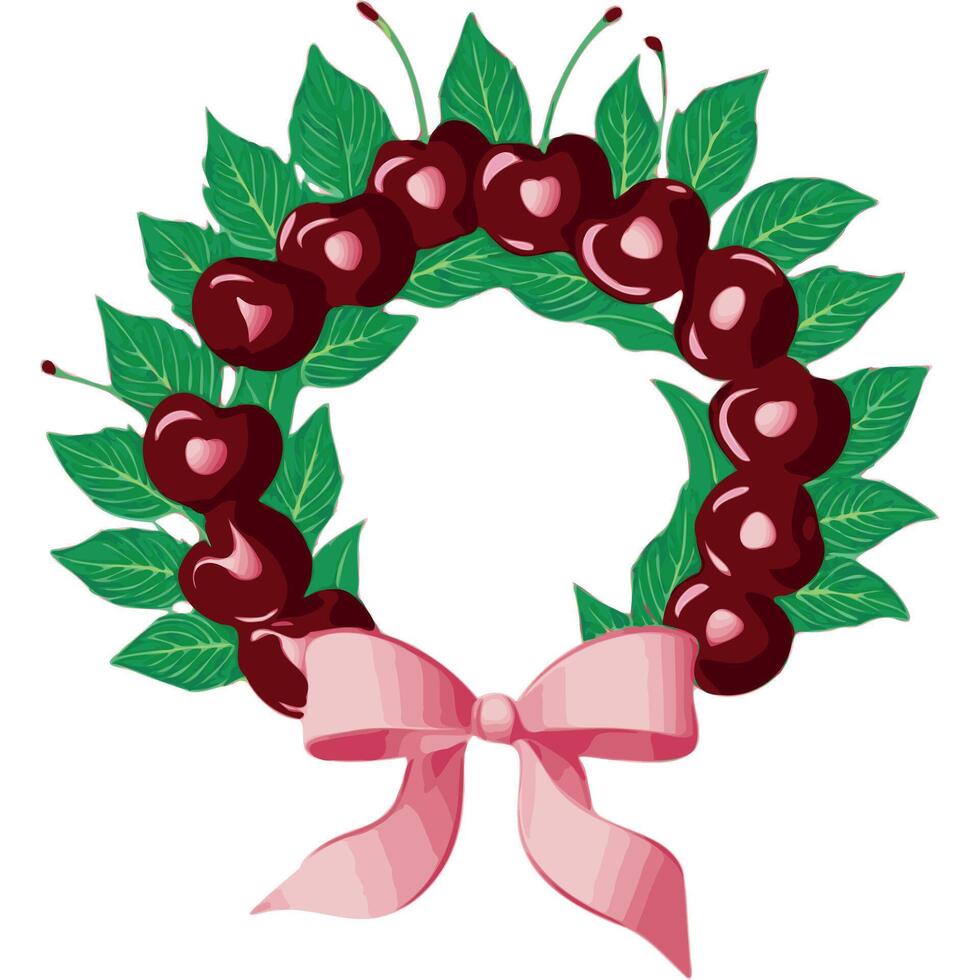 A wreath formed of alternating deep cherry red cherries and green leaves, tied together with a bow in soft pink vector