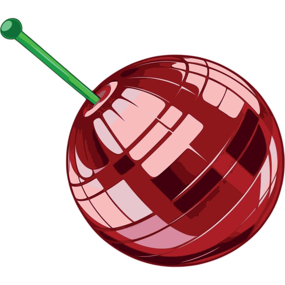 A shiny retro disco ball in deep cherry red with reflective highlights, and a green stem vector