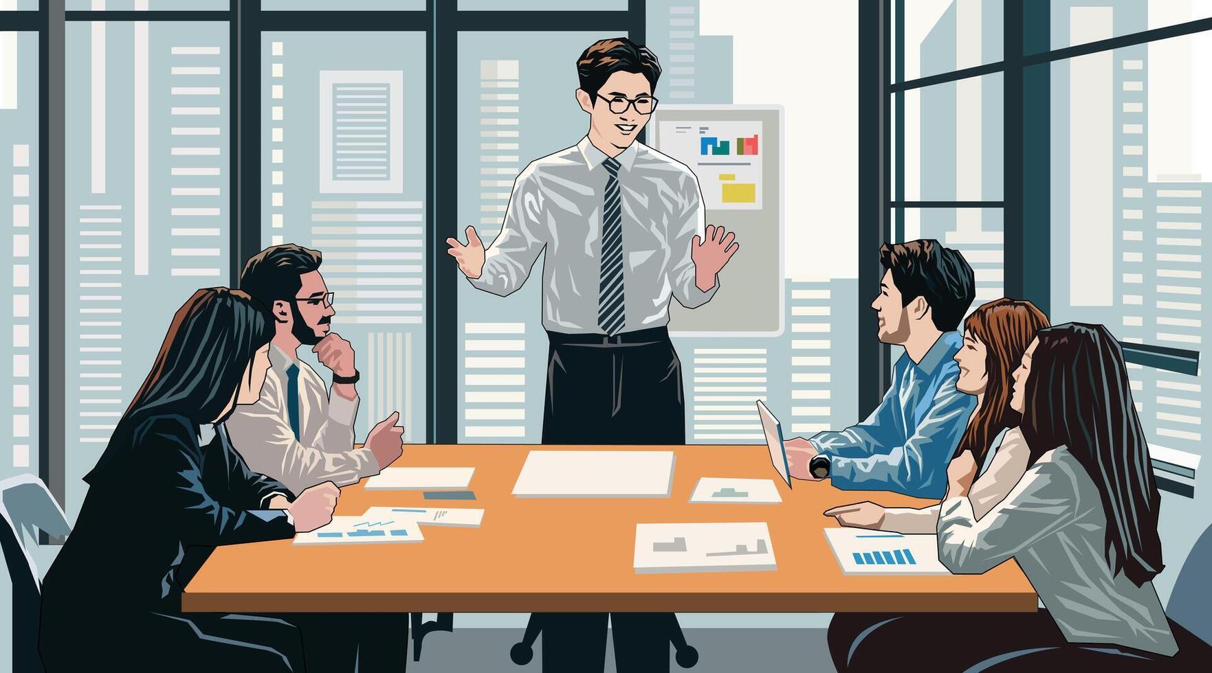 Young executives meeting at the office, illustration design. vector