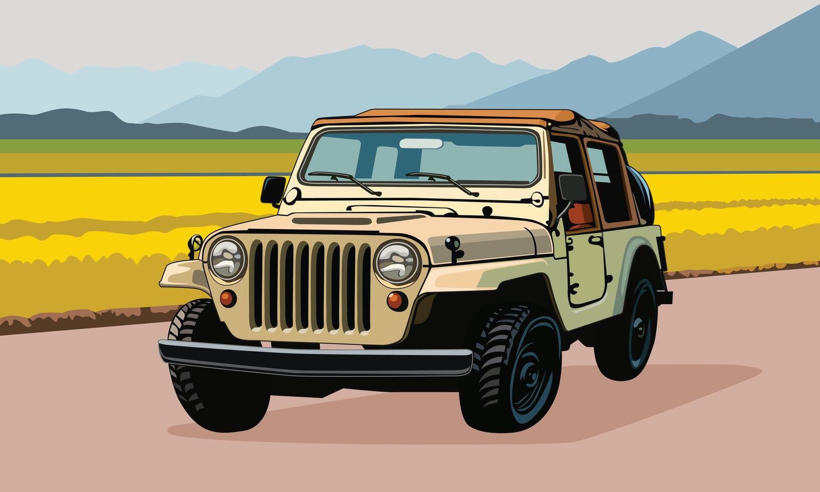 Classic Car Adventure on the country road, illustration. vector