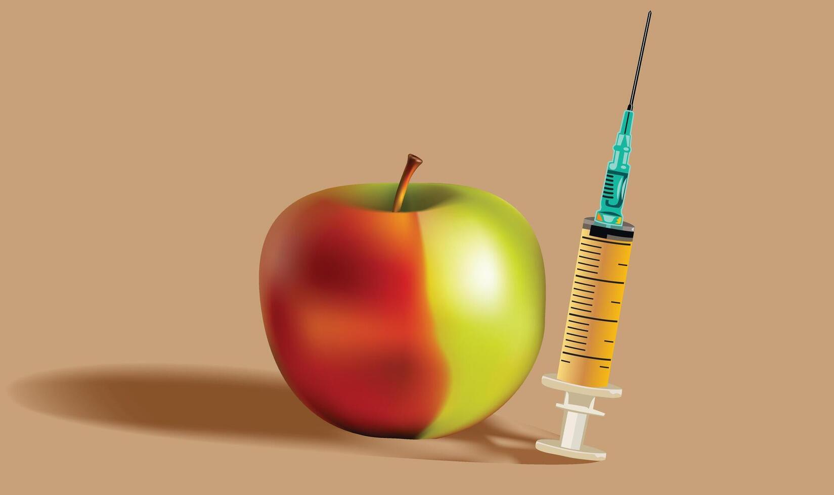 Apple fruit and syringe, the concept of genetically modified organism, illustration. vector