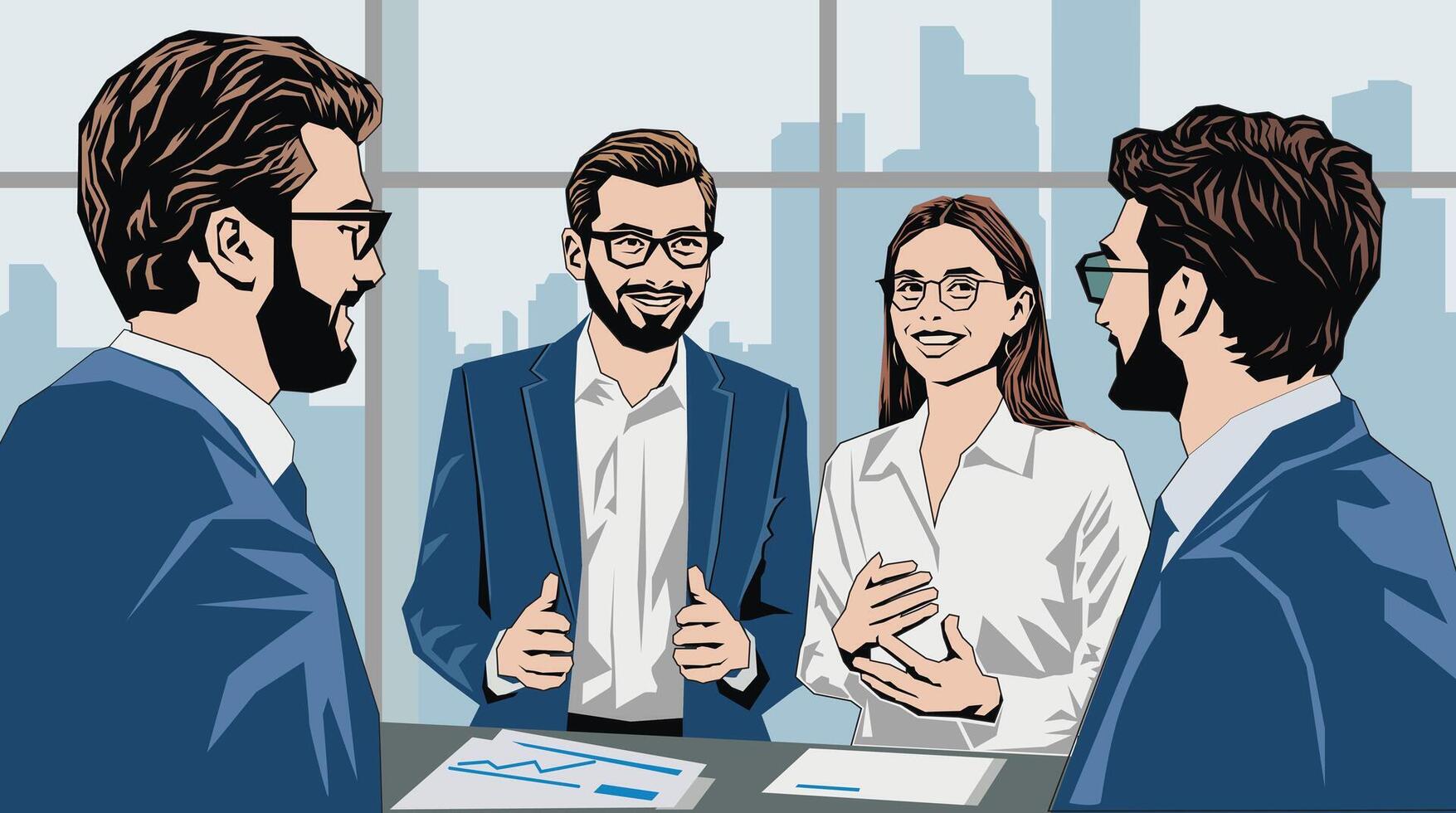 Young executive meeting, business board brainstorming, illustration design. vector
