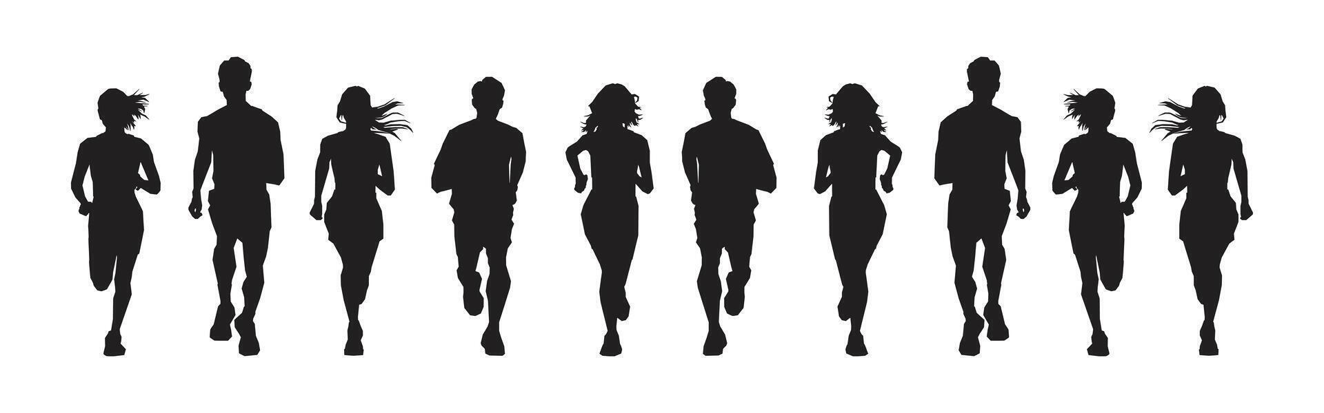 Silhouette sport runner front view collection illustration. Silhouette people running isolated on white background. vector