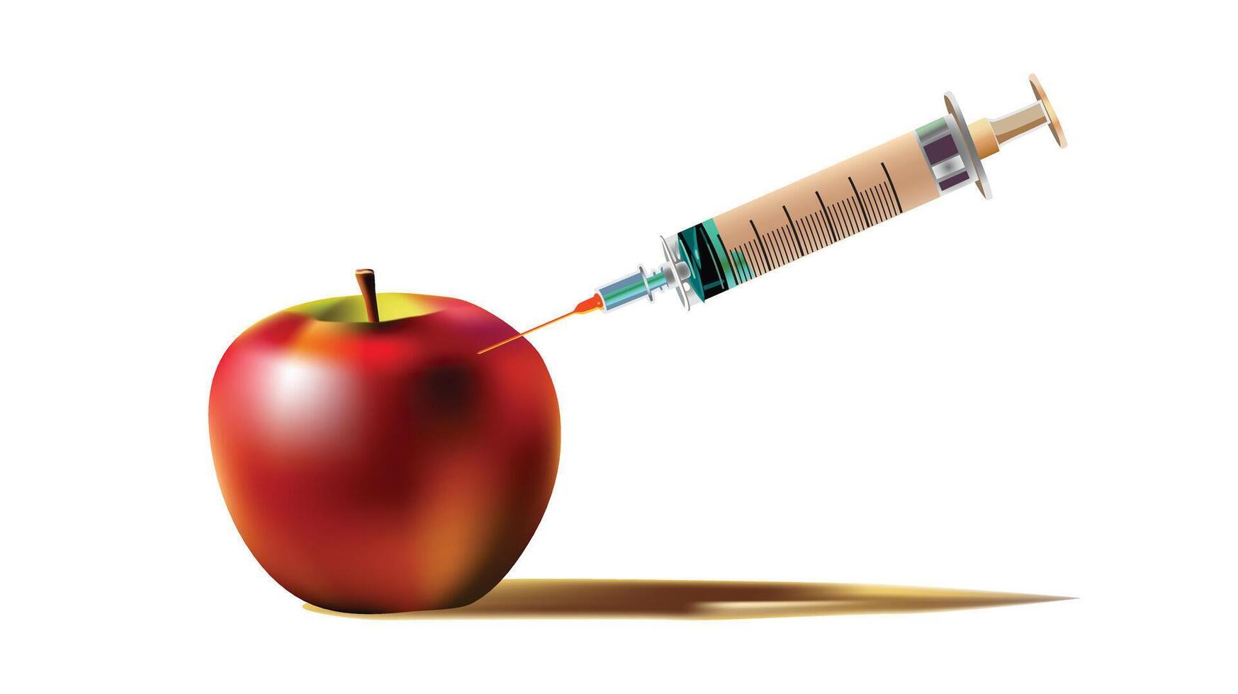 Red apple and syringe, genetically modified organism, illustration design. vector